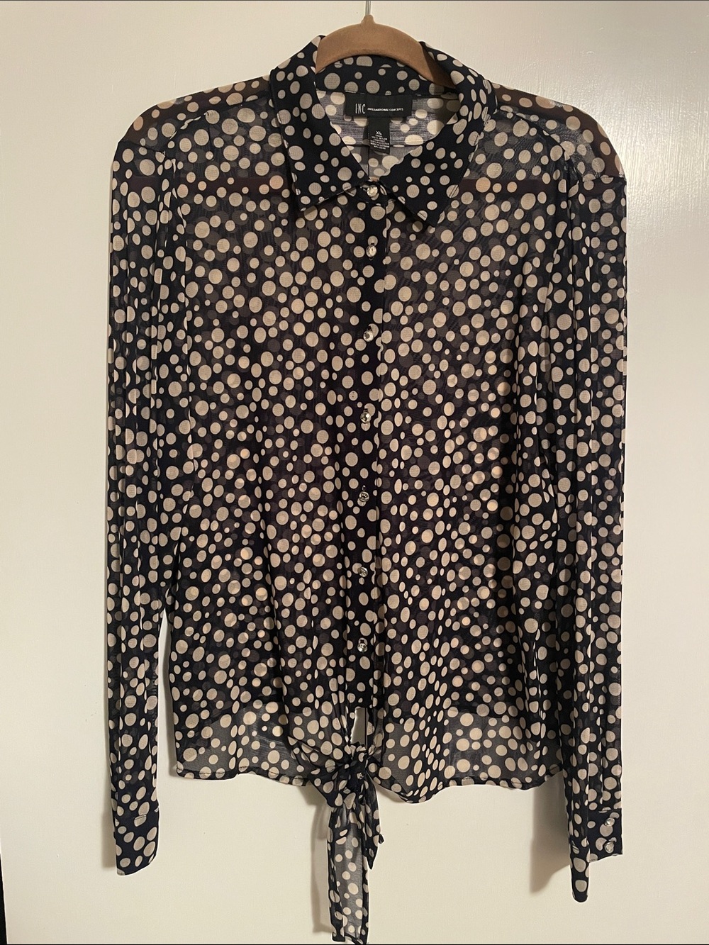 INC International Concepts Navy and Cream Polka Dot Tie-Front Button Down Shirt